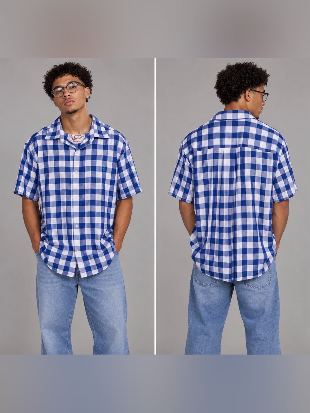 Penguin by Munsingwear Men's Short-Sleeve Gingham Button-Down blue/white